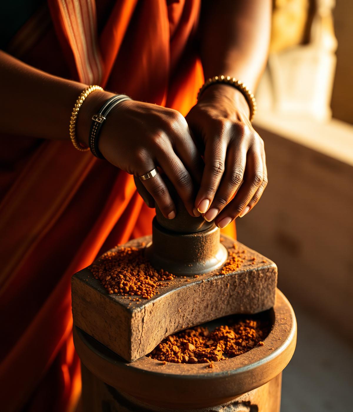 Hands grinding spices